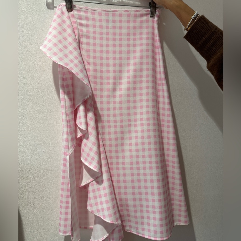 Pink gingham midi skirt